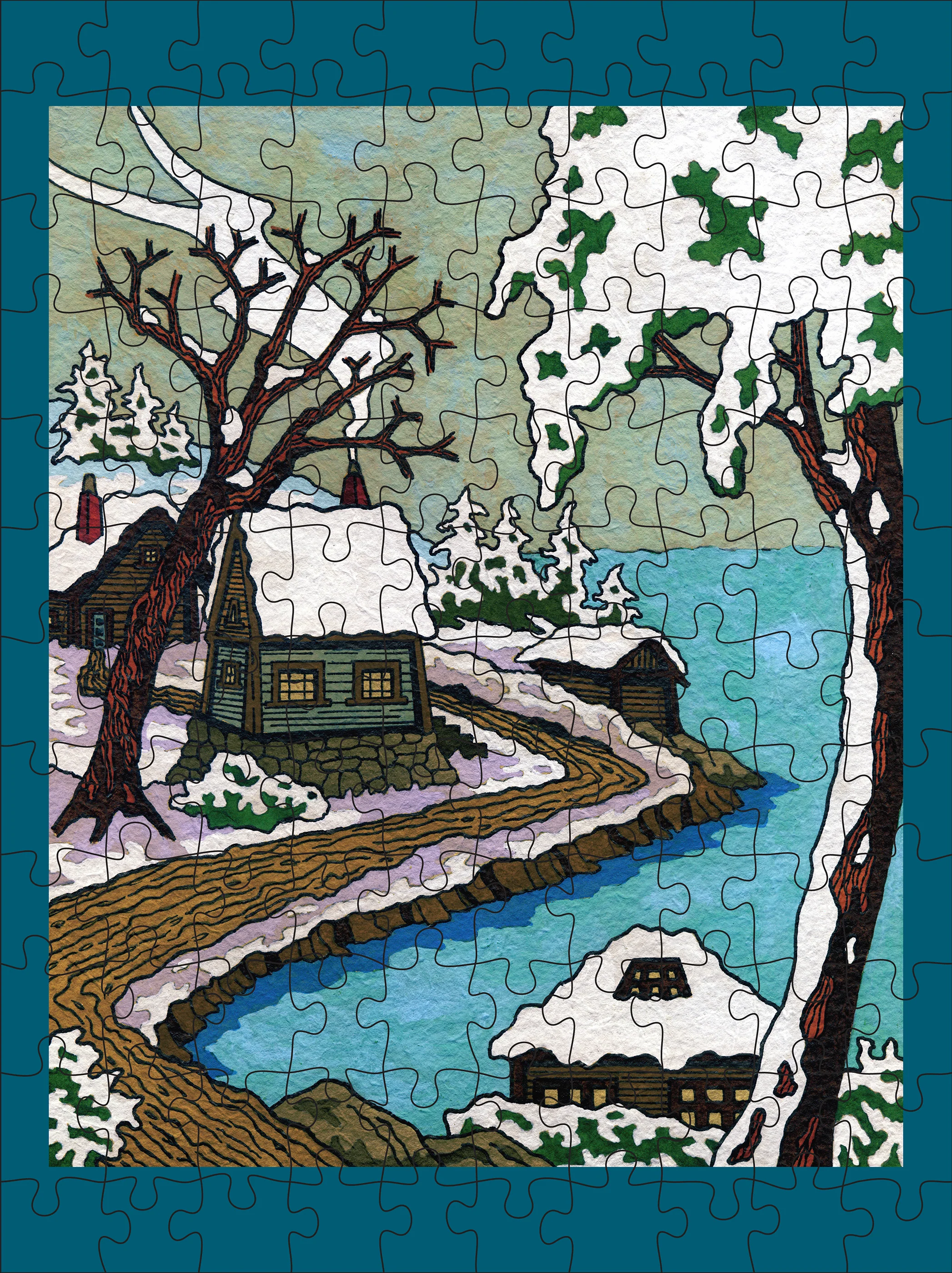 CJ Hurley: Snowy Cabins 120-Piece Double-Sided Jigsaw Puzzle Set - Image 3